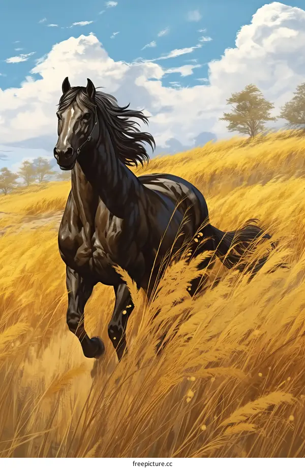 Black Horse Galloping Across a Golden Field