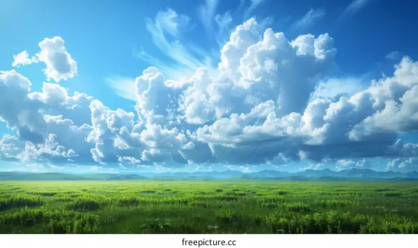 Beautiful cloudscape over green meadow and mountain range