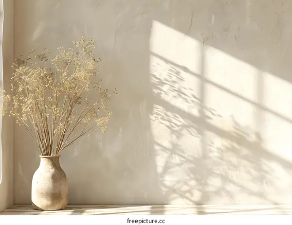 Dried Flowers in Vase on White Wall with Window Shadow