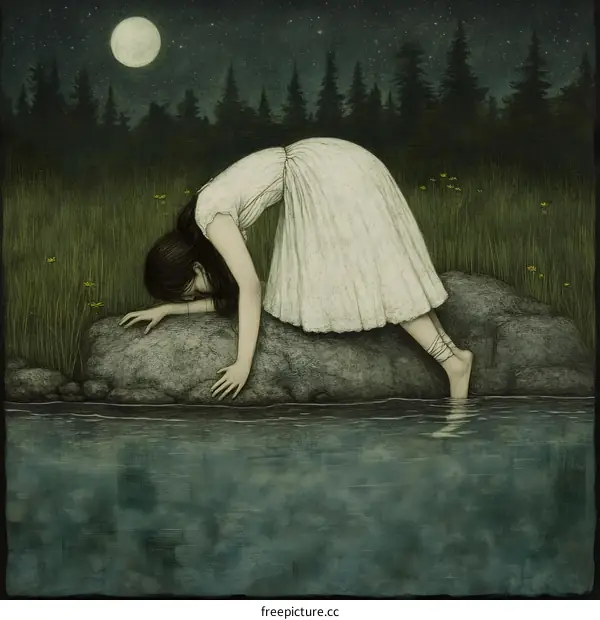 Woman in White Dress Kneeling by Water Under Night Sky