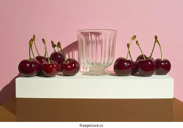 Fresh Cherries on a White Shelf against a Pink Background