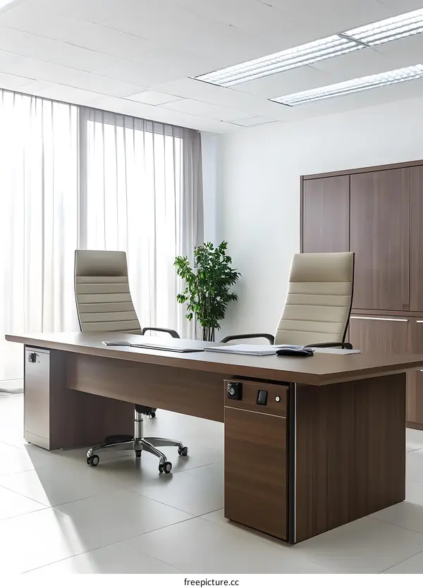 Modern Office Interior Design With Two Chairs And Large Desk