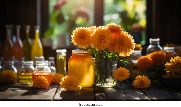 Honey Jars with Marigold Flowers on Rustic Wooden Table