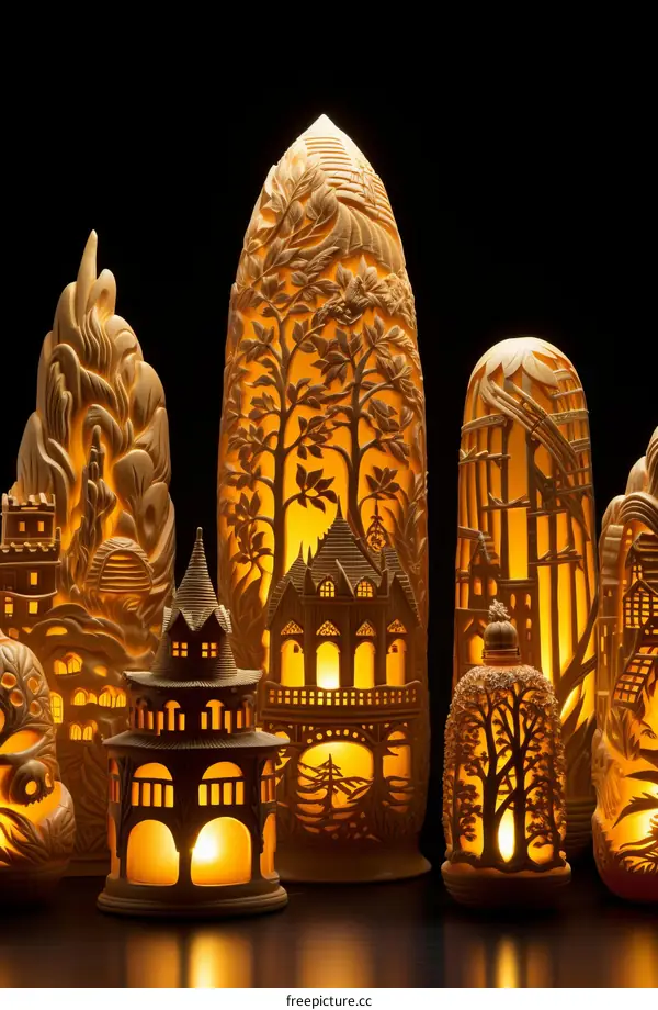 Intricately carved miniature buildings illuminated from within
