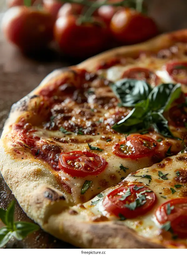 Close-up of a delicious pizza with tomatoes and basil