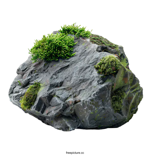[Transparent Background PNG]gray rock with green moss on a black background