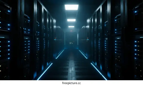 Modern Data Center with Rows of Server Racks and Blue LED Lights