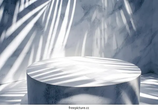 White Round Display Podium with Palm Leaf Shadows