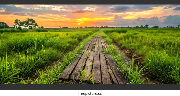 Sunset Over Green Field With Wooden Path