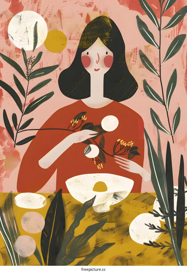 Woman in Red with Flowers and Eggs Illustration