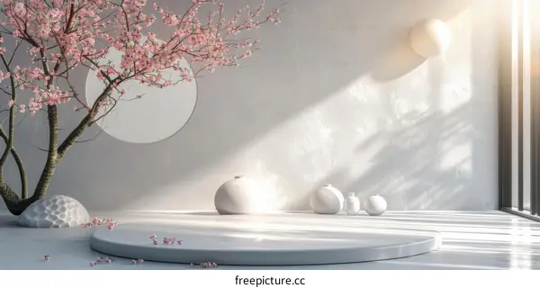 pink blossom flower and white podium with sunlight and shadow on white concrete wall background