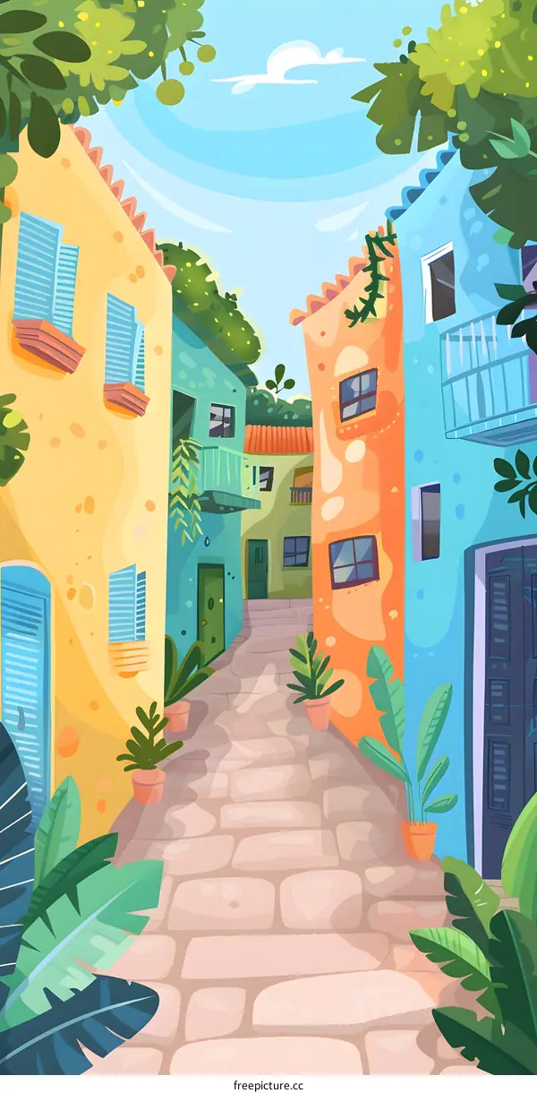 Colorful Buildings and Cobblestone Street Illustration