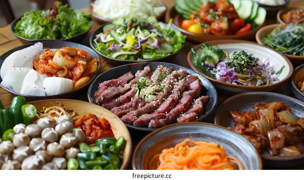 Korean Food: A Variety of Side Dishes and Meat