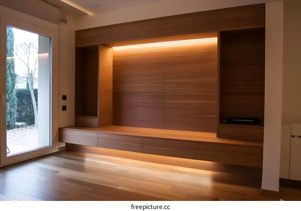 Modern Wooden Wall Unit with Built in Shelving and Drawers