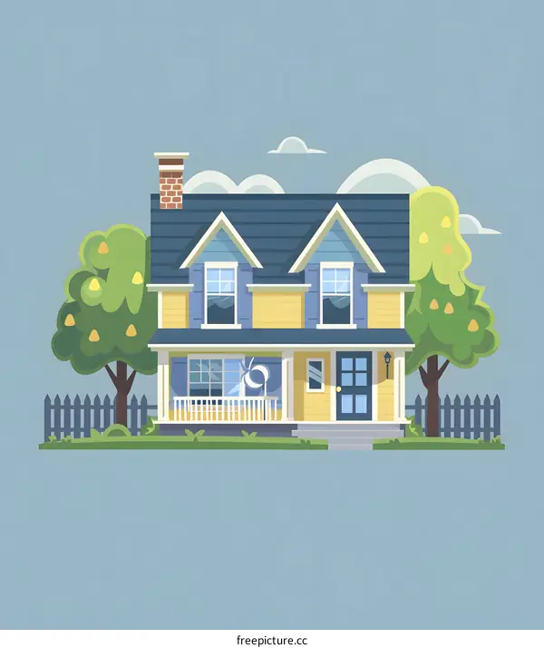 Yellow and Blue Two Story House With Front Porch