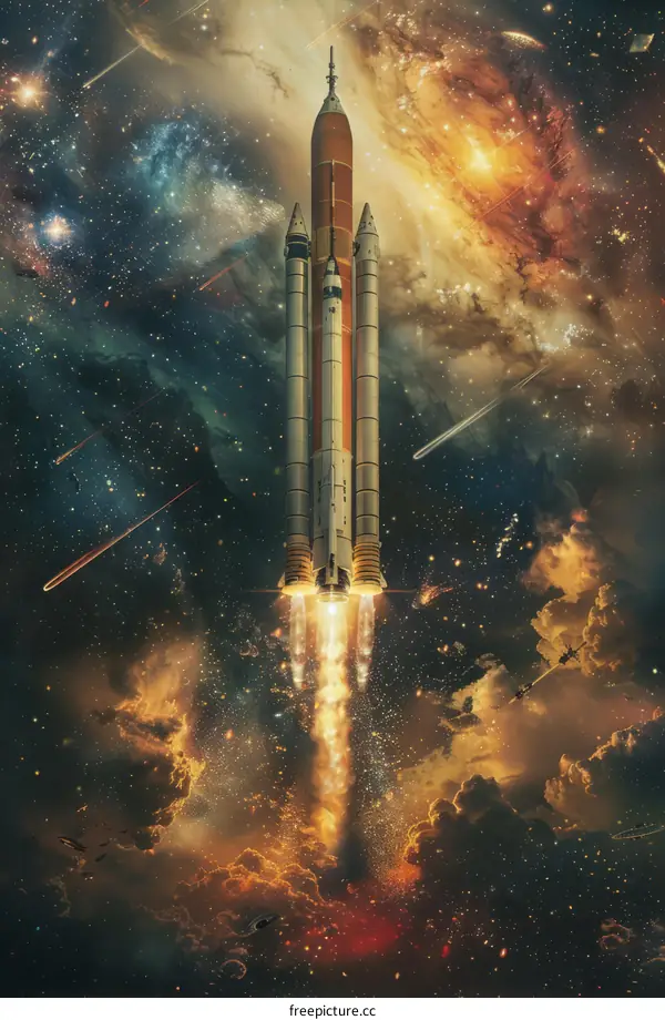 A rocket ship launching into space with stars and a nebula in the background