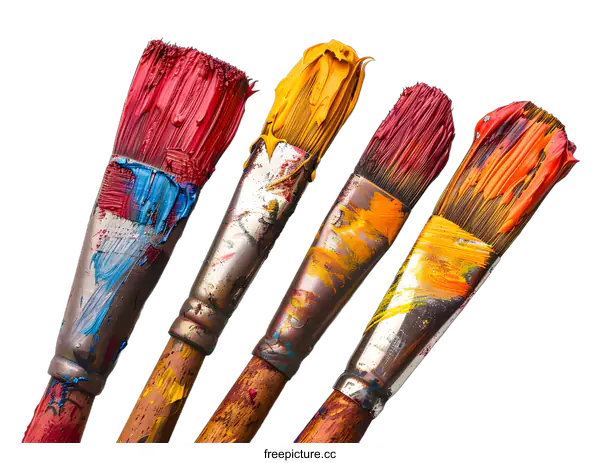 [Transparent Background PNG]Four paintbrushes with red, yellow, blue and orange paint