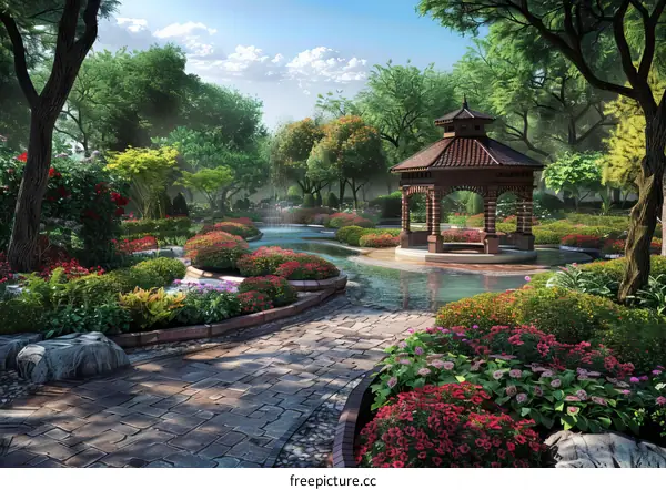 Flower Garden with Courtyard and Gazebo