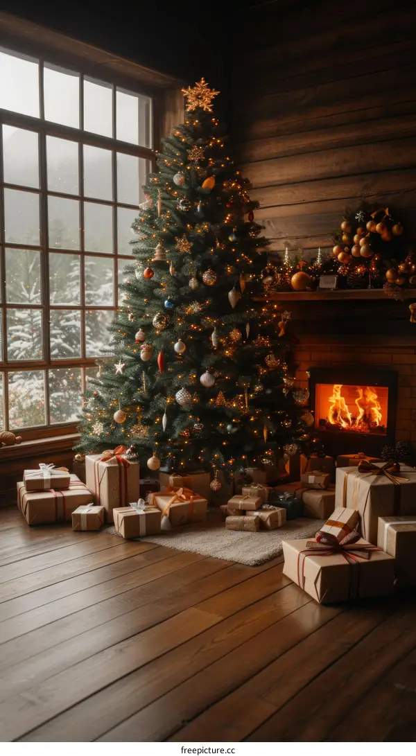A Cozy Christmas Living Room with a Decorated Christmas Tree and Gifts