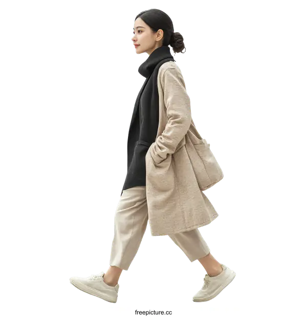 [Transparent Background PNG]Stylish Woman in Beige and Black Outfit