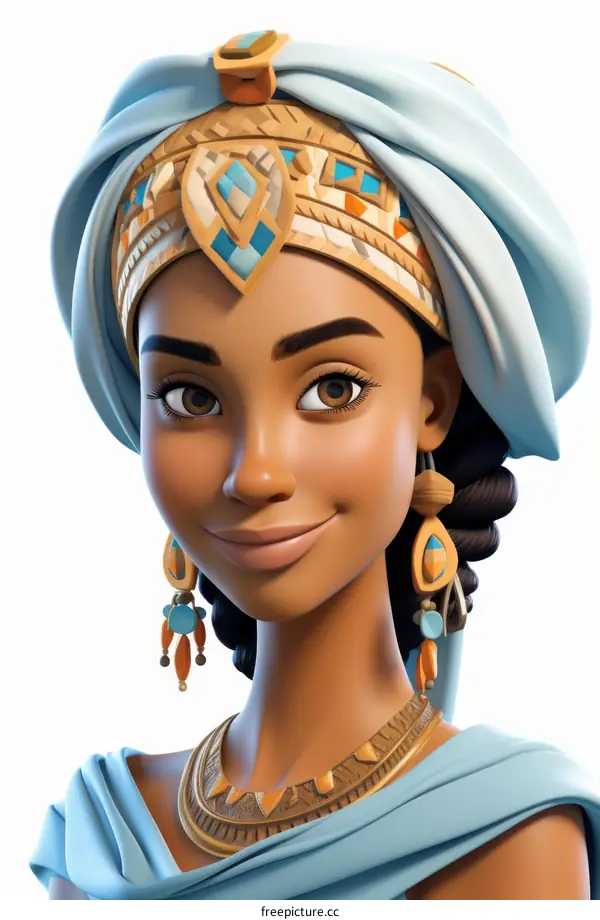 Portrait of a smiling African woman wearing a blue and gold head wrap and traditional African jewelry.