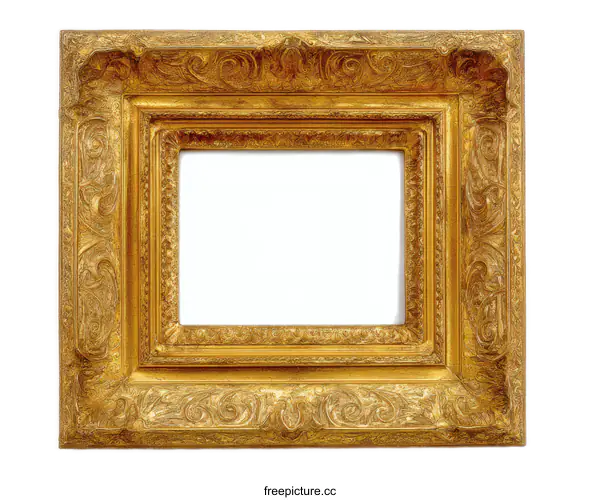 [Transparent Background PNG]Ornate Gold Picture Frame with Detailed Carvings