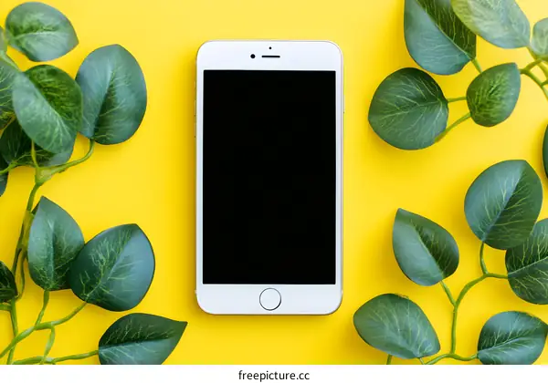 White Smartphone with Green Leaves on a Yellow Background