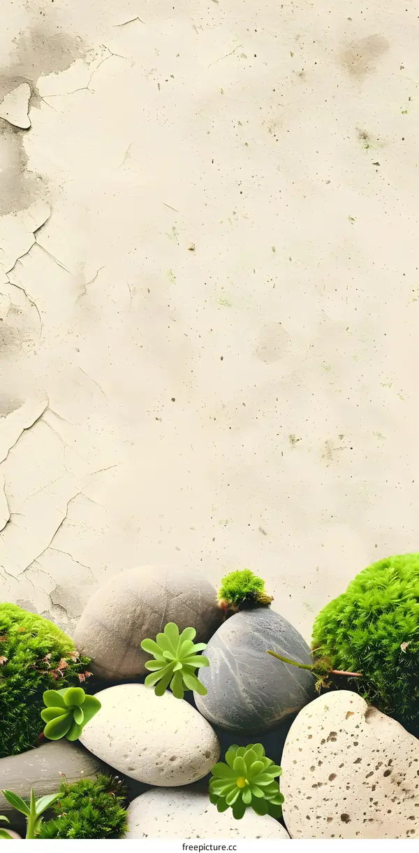 Smooth Stones And Moss On A Cracked White Background