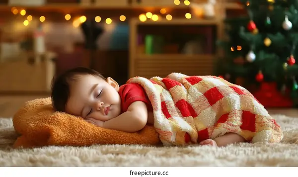 Adorable Baby Sleeping by Christmas Tree