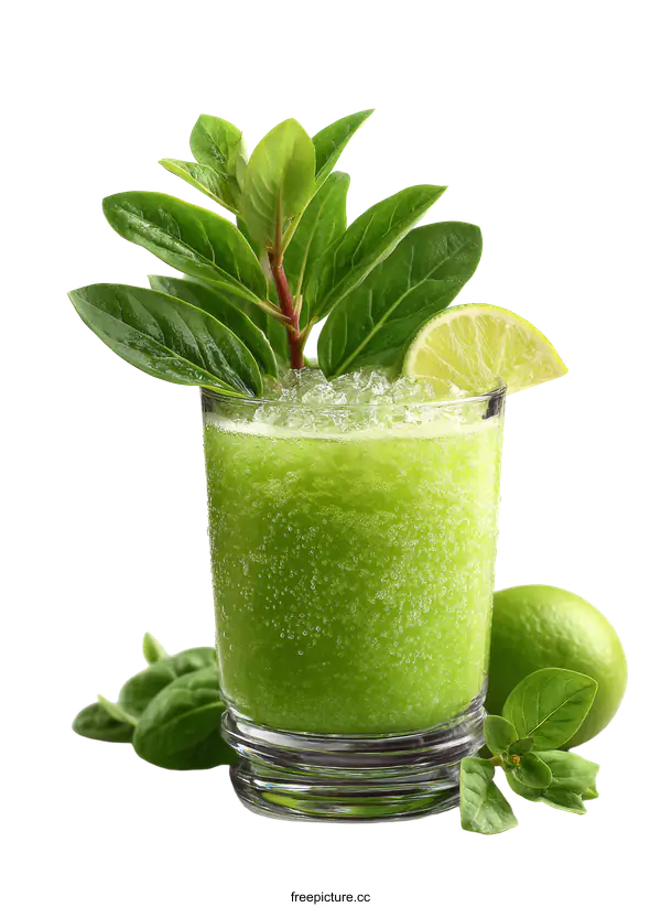 [Transparent Background PNG]Refreshing Green Smoothie with Lime and Herbs