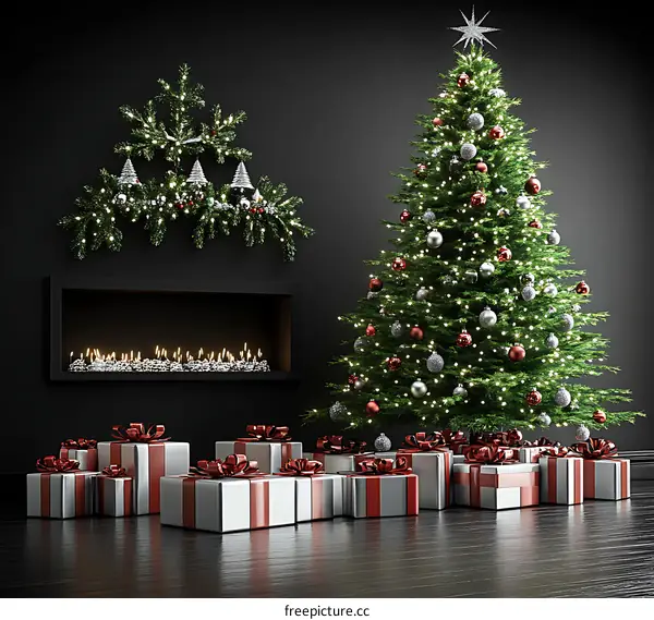 Christmas Decorated Interior with Fireplace and Tree