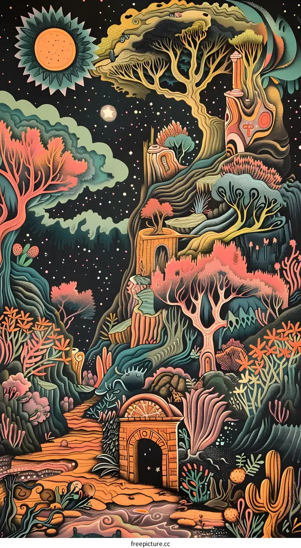 Night Sky Forest Landscape With Stars And Moon