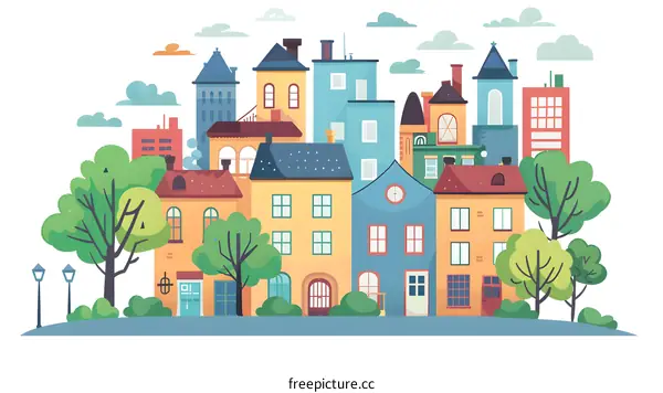 Cartoon Cityscape Illustration with Colorful Buildings and Green Trees