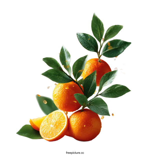 [Transparent Background PNG]Fresh Oranges with Leaves and Splashing Juice