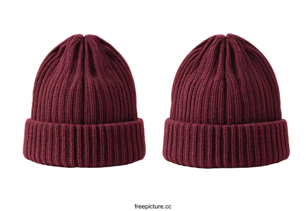 [Transparent Background PNG]Two Burgundy Knitted Beanie Hats Isolated