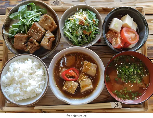A delicious and healthy Japanese meal with rice, soup, salad, and pork