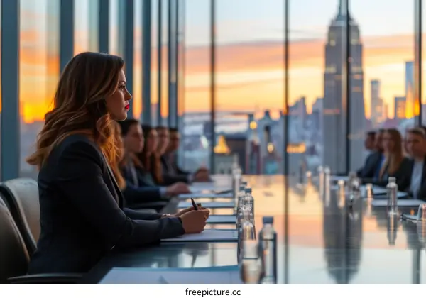 Confident business woman in a meeting looking out at the cityscape during sunset