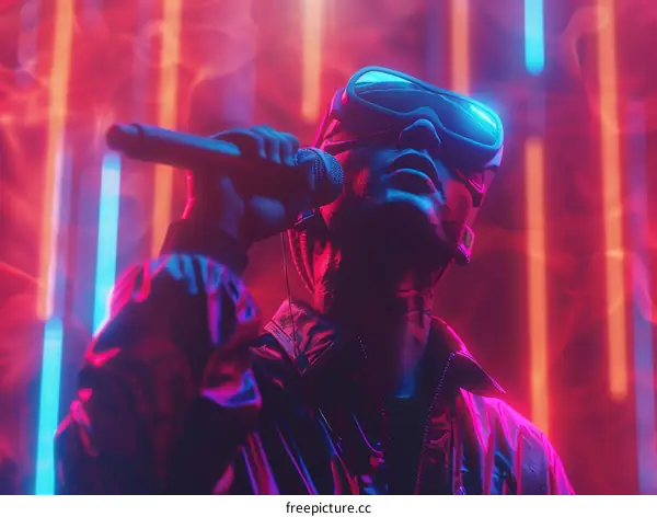 A person wearing a virtual reality headset and holding a microphone