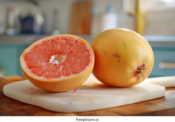 Close Up of Two Sliced Grapefruits on White Cutting Board