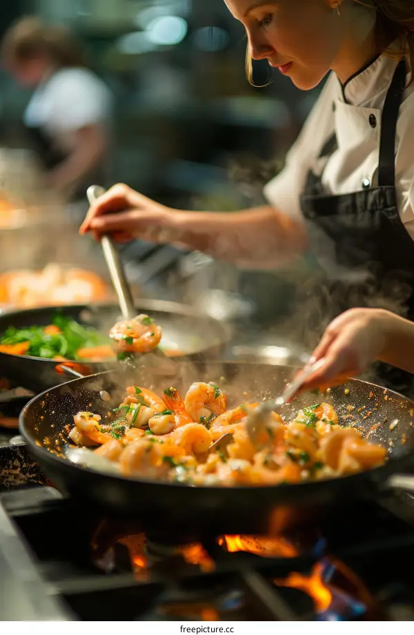 Stir-frying Tiger Prawns in a Hot Pan