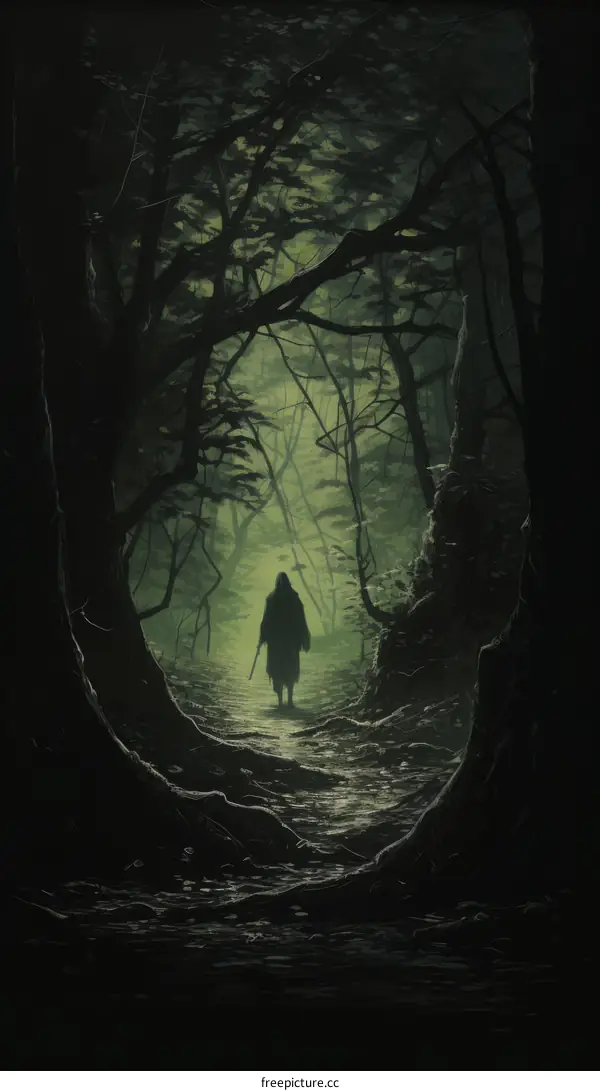 An illustration of a dark figure walking through a forest