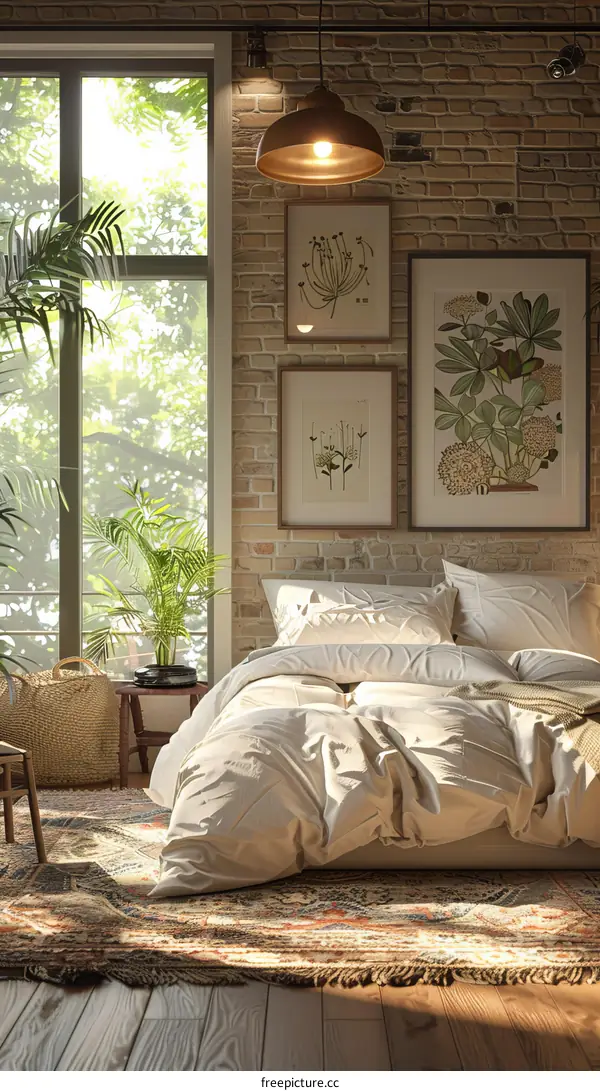 Sunlit Bedroom with Plants and Artwork
