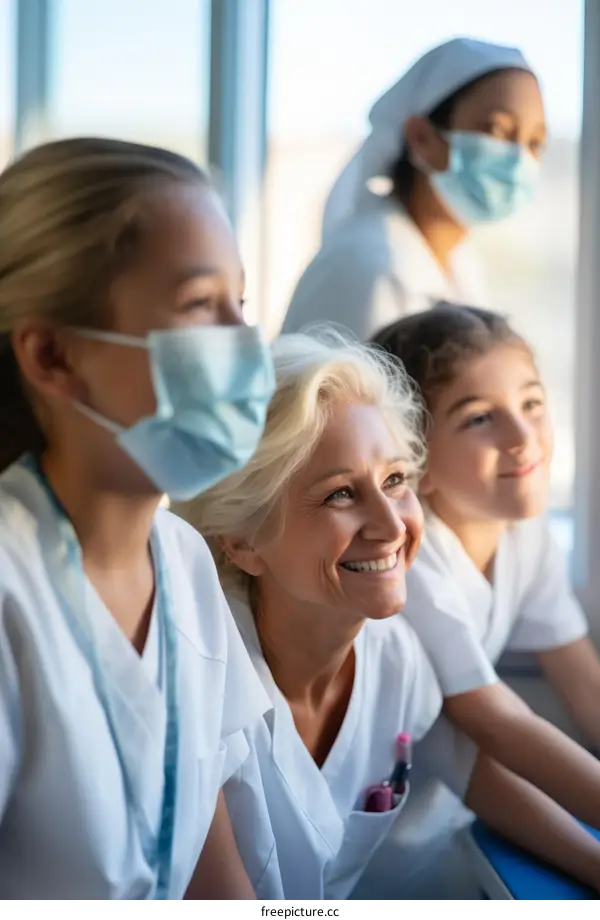 Three female healthcare workers wearing surgical masks looking out a window