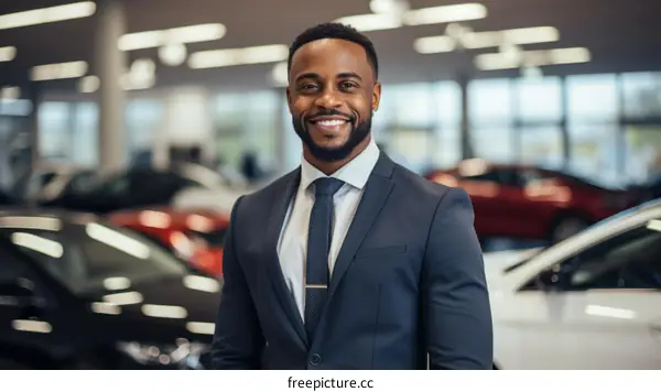 Black car salesman in a car dealership showroom