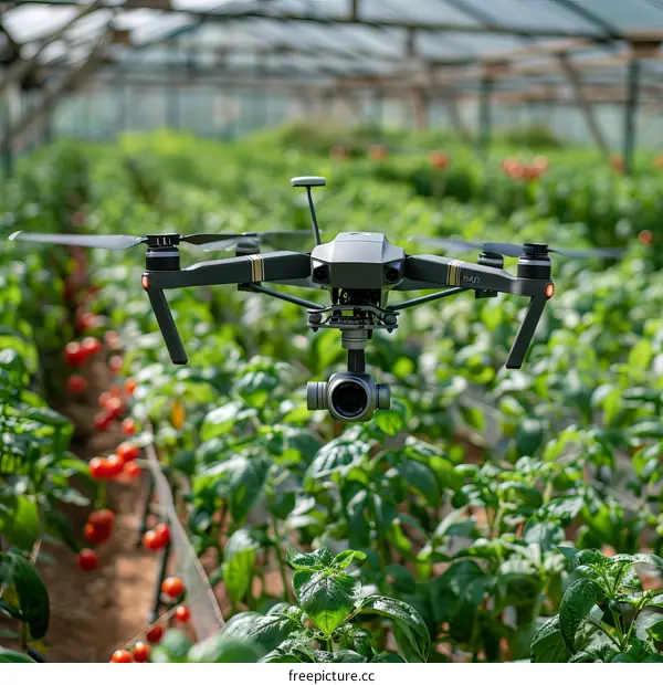 A drone is flying over a greenhouse full of tomato plants