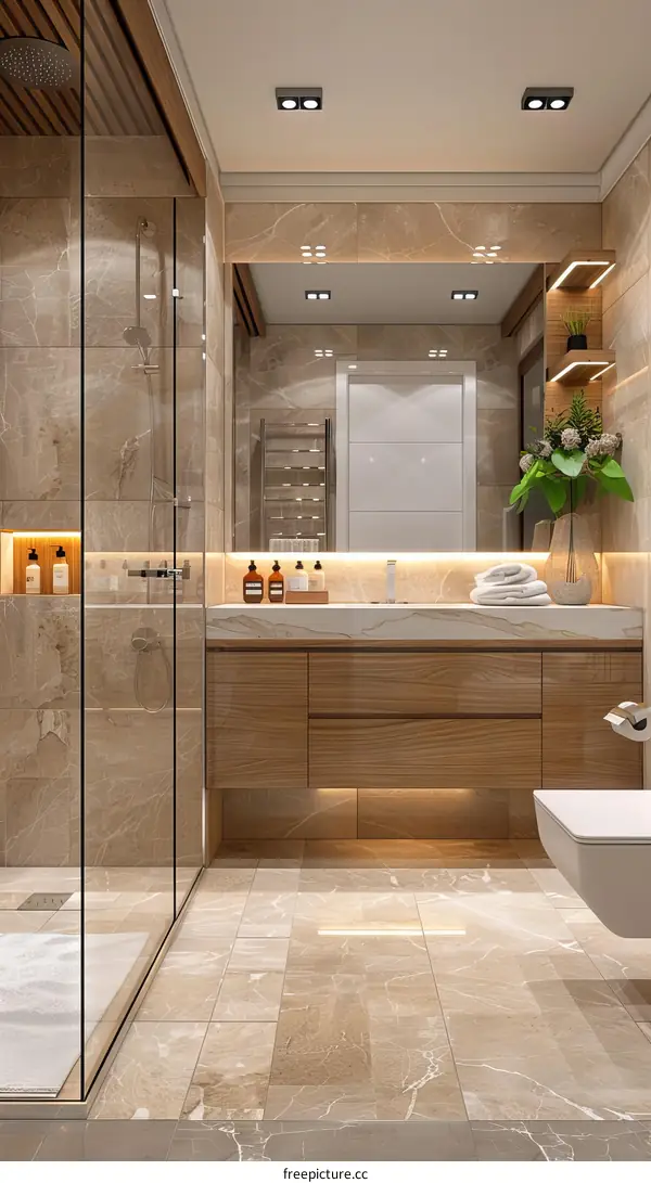 Modern Bathroom with Glass Shower and Wooden Cabinets