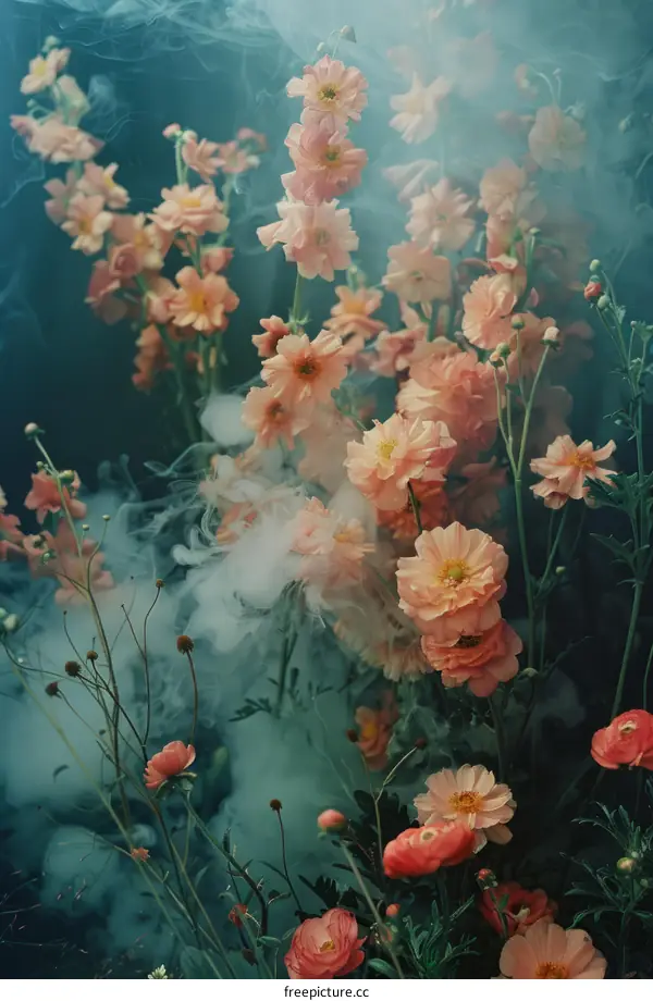 ethereal peach ranunculus flowers in a dreamy mist