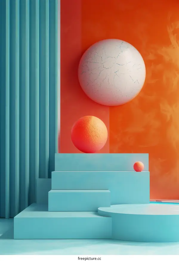 3D rendering of blue and orange spheres on a blue podium with an orange background