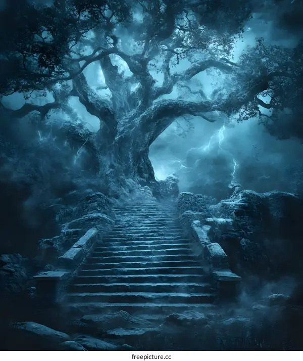 Stone Steps Leading Up To A Large Ancient Tree In A Storm