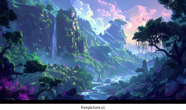 Fantasy Forest Landscape with Waterfall and River